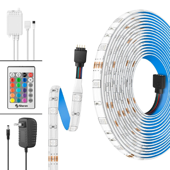 KIT TIRA LED RGB MULTICOLOR CON CONTROL REMOTO, CONTROLADOR Y ELIMADOR PARA INTERIORES 10M